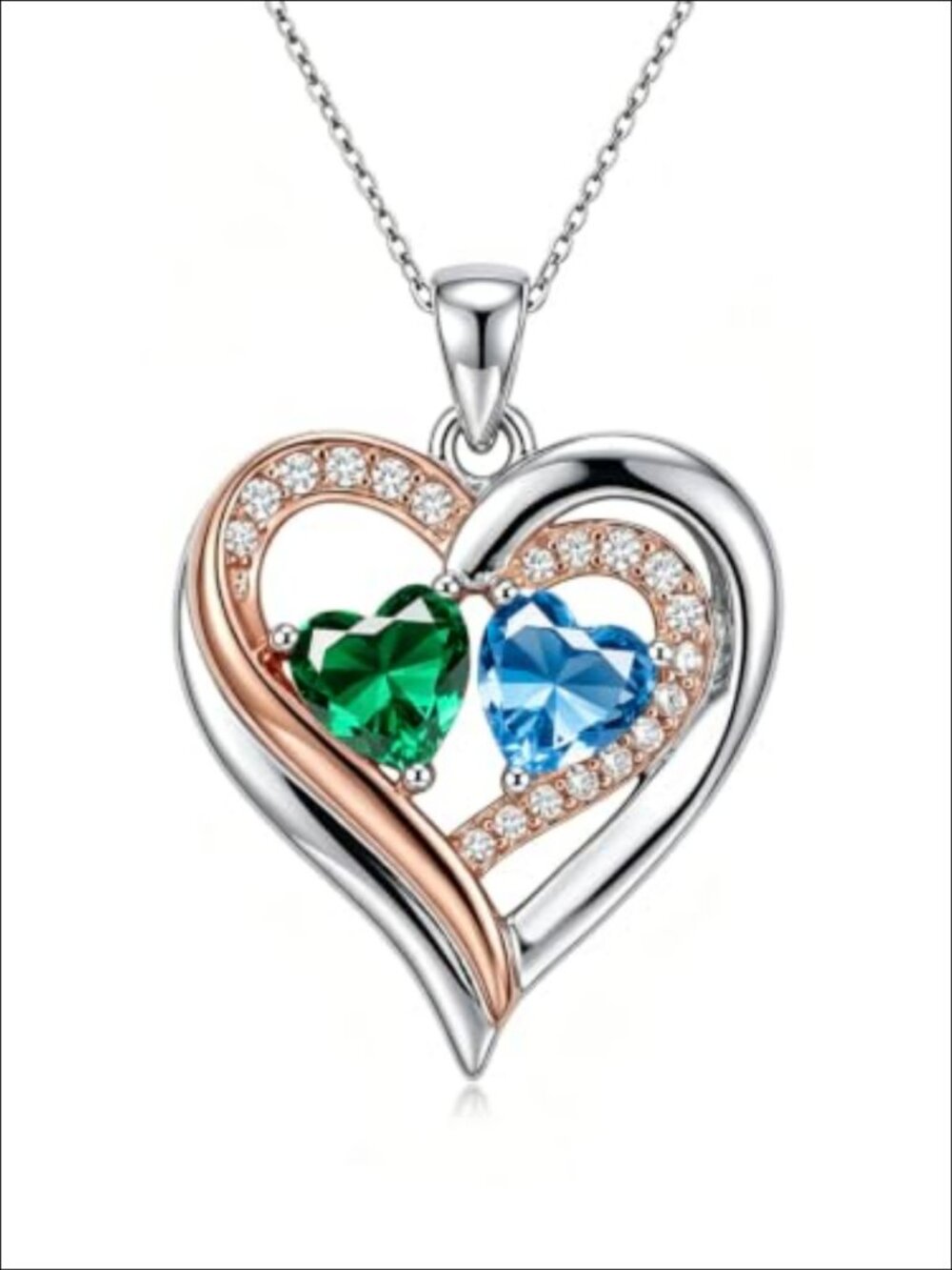 Double Birthstone Necklace White Gold Plated Emerald Blue Topaz Pendant